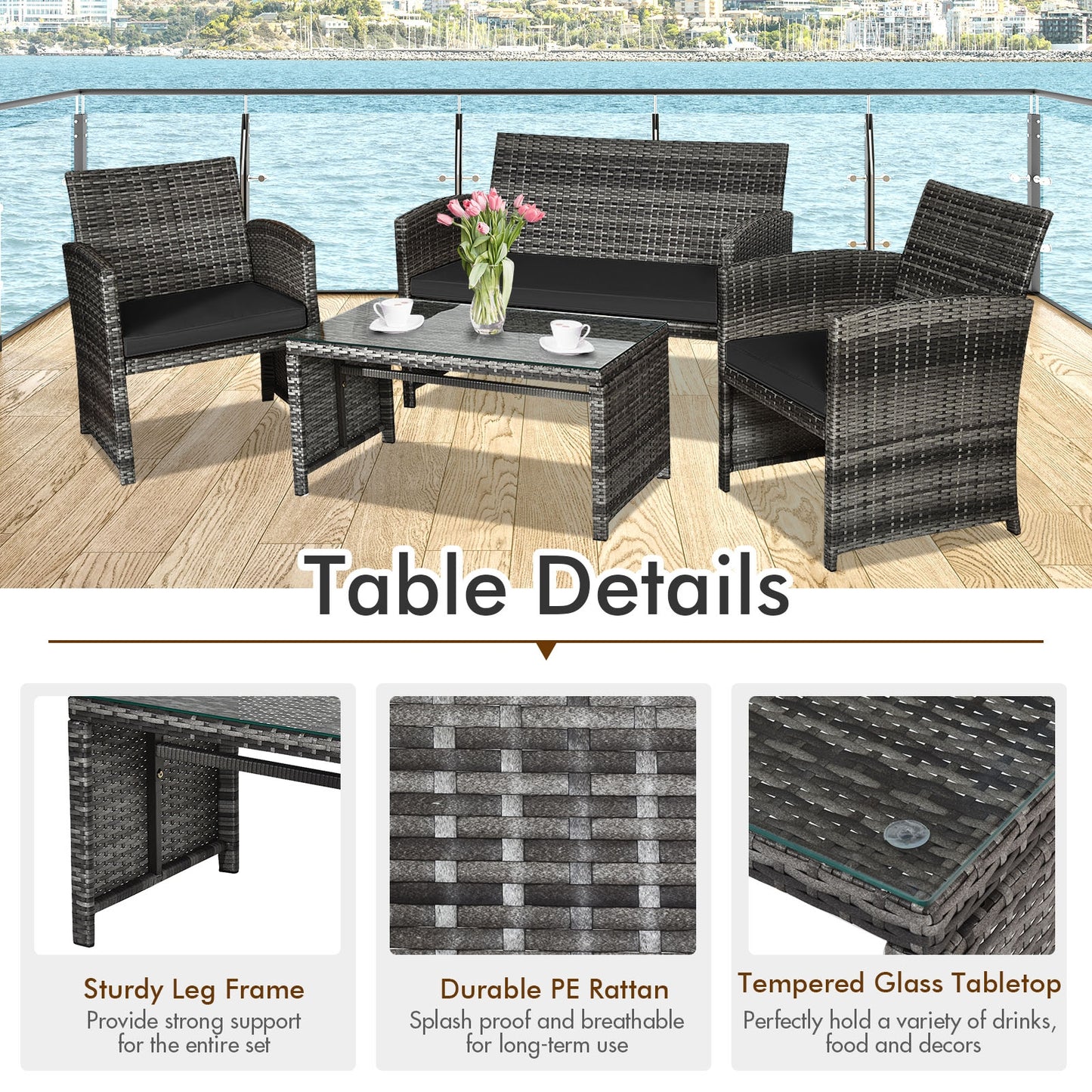 4 Pieces Patio Rattan Furniture Set with Glass Table and Loveseat, Black Patio Conversation Sets at Gallery Canada
