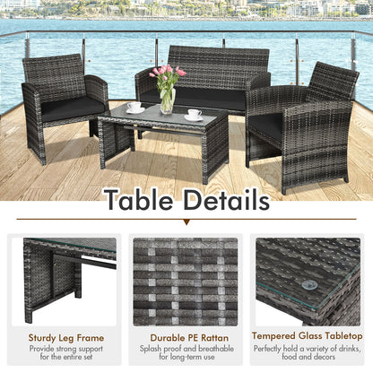 4 Pieces Patio Rattan Furniture Set with Glass Table and Loveseat, Black Patio Conversation Sets at Gallery Canada