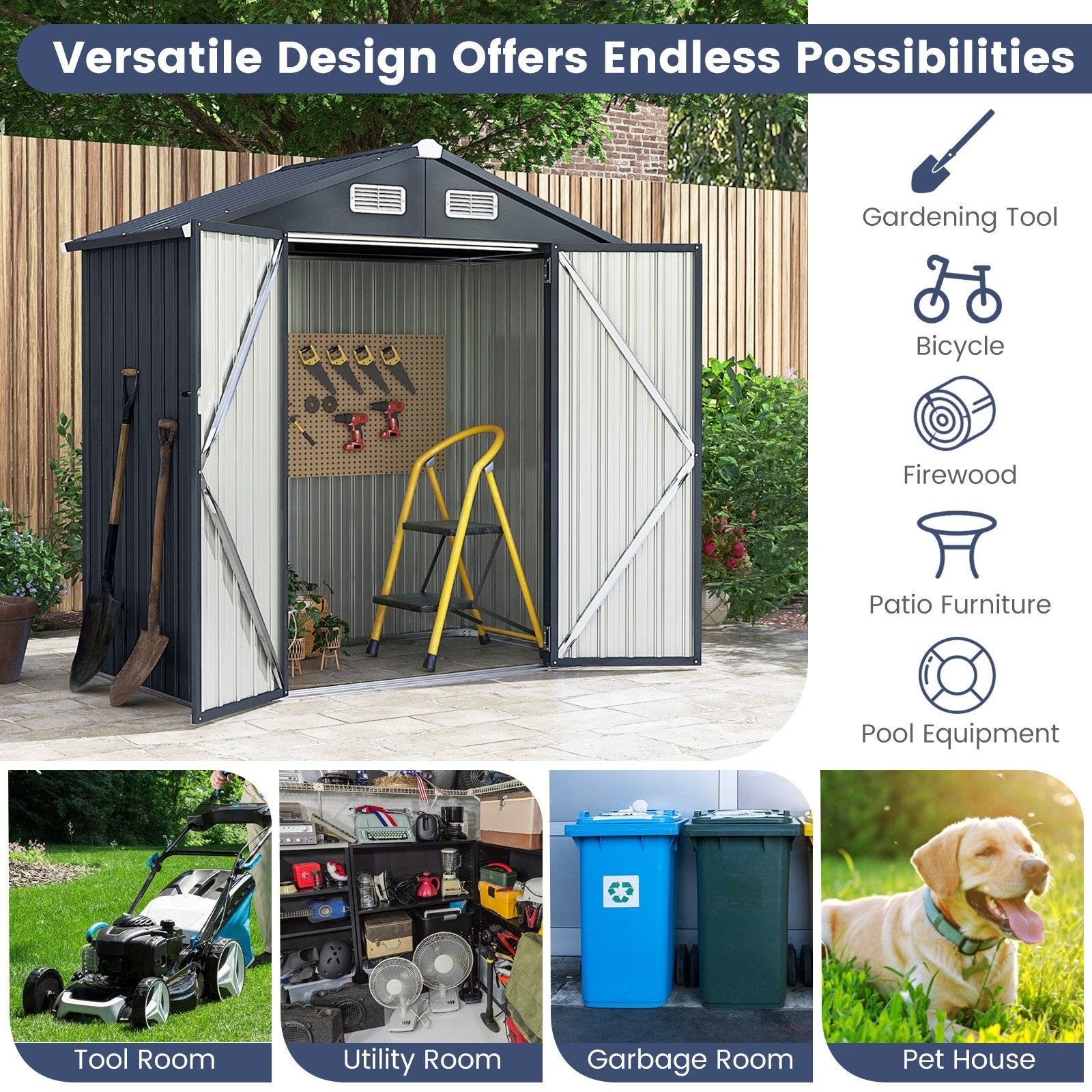 6 x 4/10 x 8 Feet Outdoor Galvanized Steel Storage Shed without Floor Base-6 x 4 ft, Dark Gray at Gallery Canada