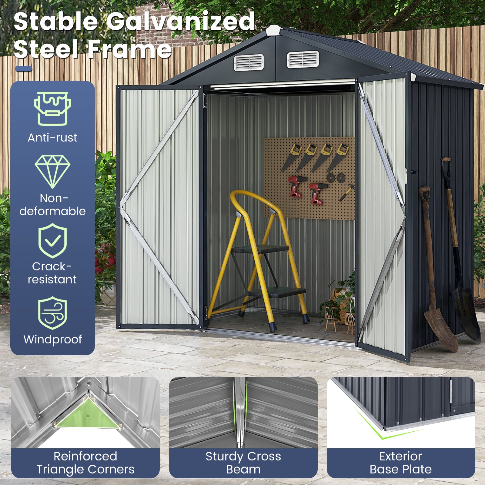 6 x 3.5 x 6 Feet Outdoor Galvanized Steel Storage Shed, Dark Gray Sheds & Outdoor Storage at Gallery Canada