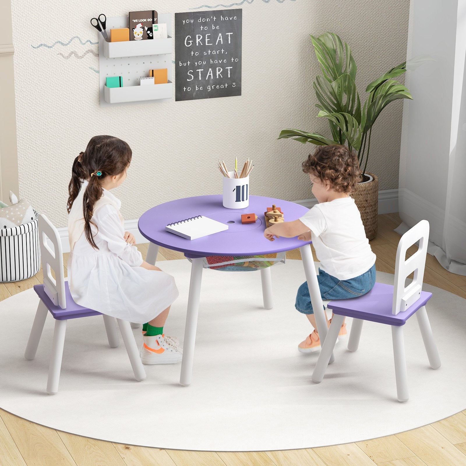 Wood Activity Kids Table and Chair Set with Center Mesh Storage, Purple - Gallery Canada