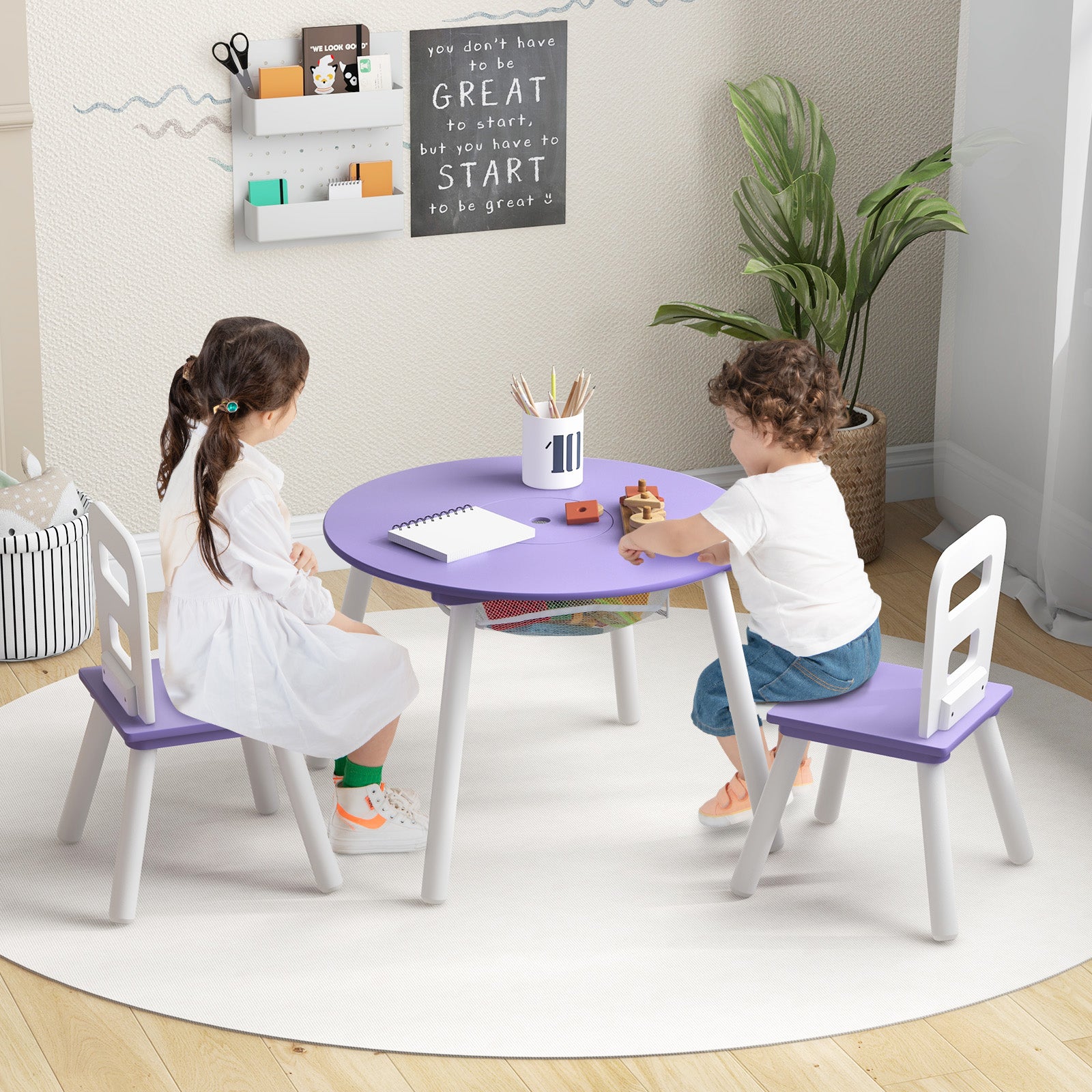 Wood Activity Kids Table and Chair Set with Center Mesh Storage, Purple Kids Table & Chair Sets at Gallery Canada