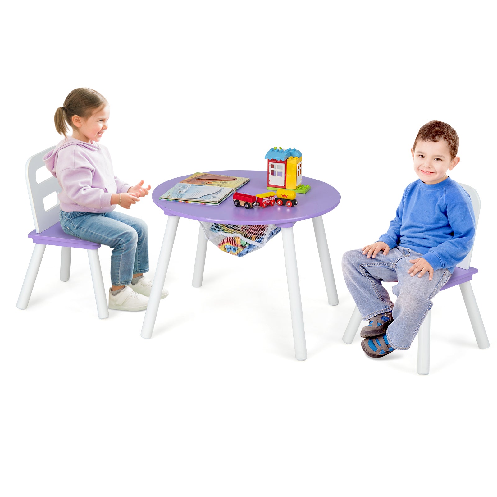 Wood Activity Kids Table and Chair Set with Center Mesh Storage, Purple Kids Table & Chair Sets at Gallery Canada