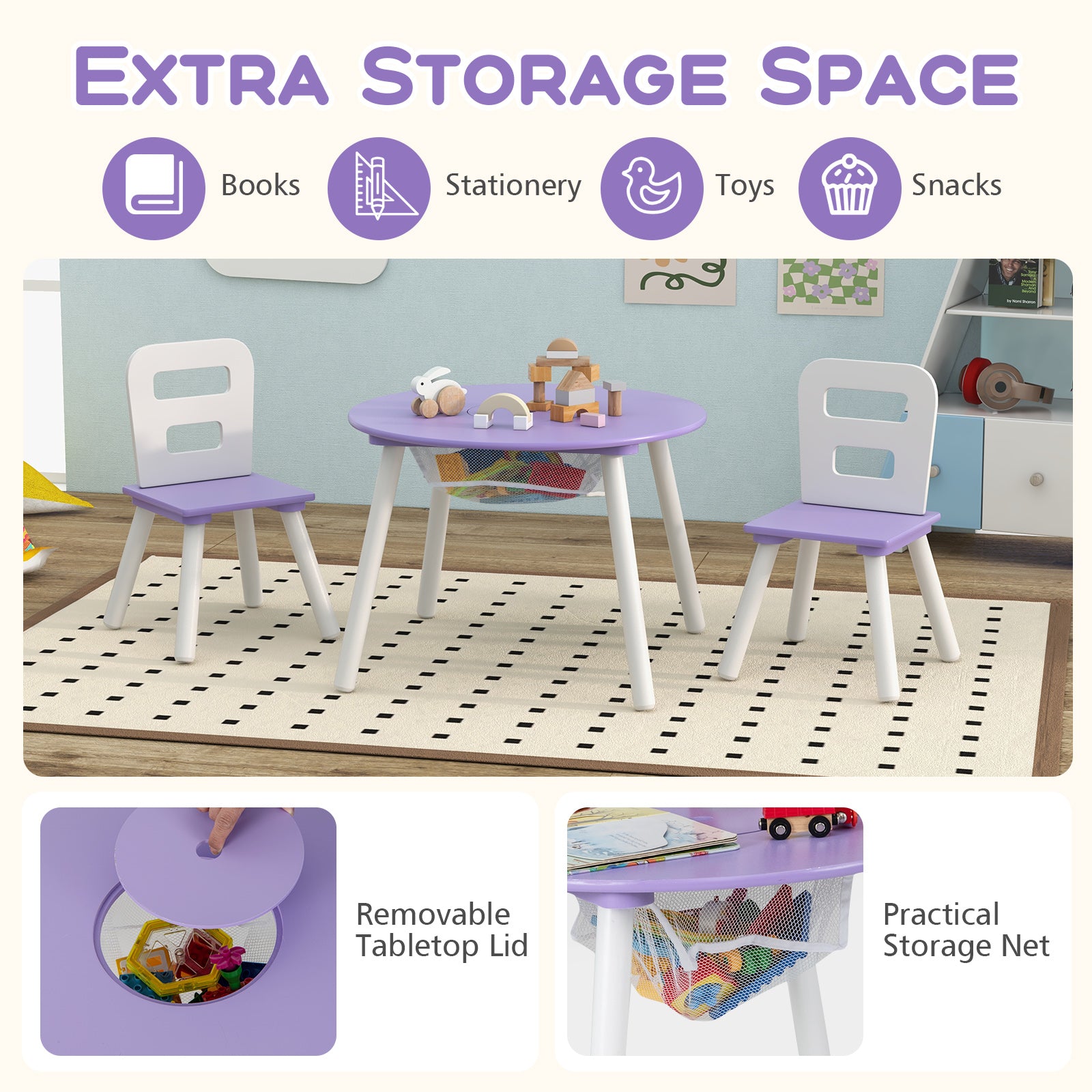 Wood Activity Kids Table and Chair Set with Center Mesh Storage, Purple Kids Table & Chair Sets at Gallery Canada