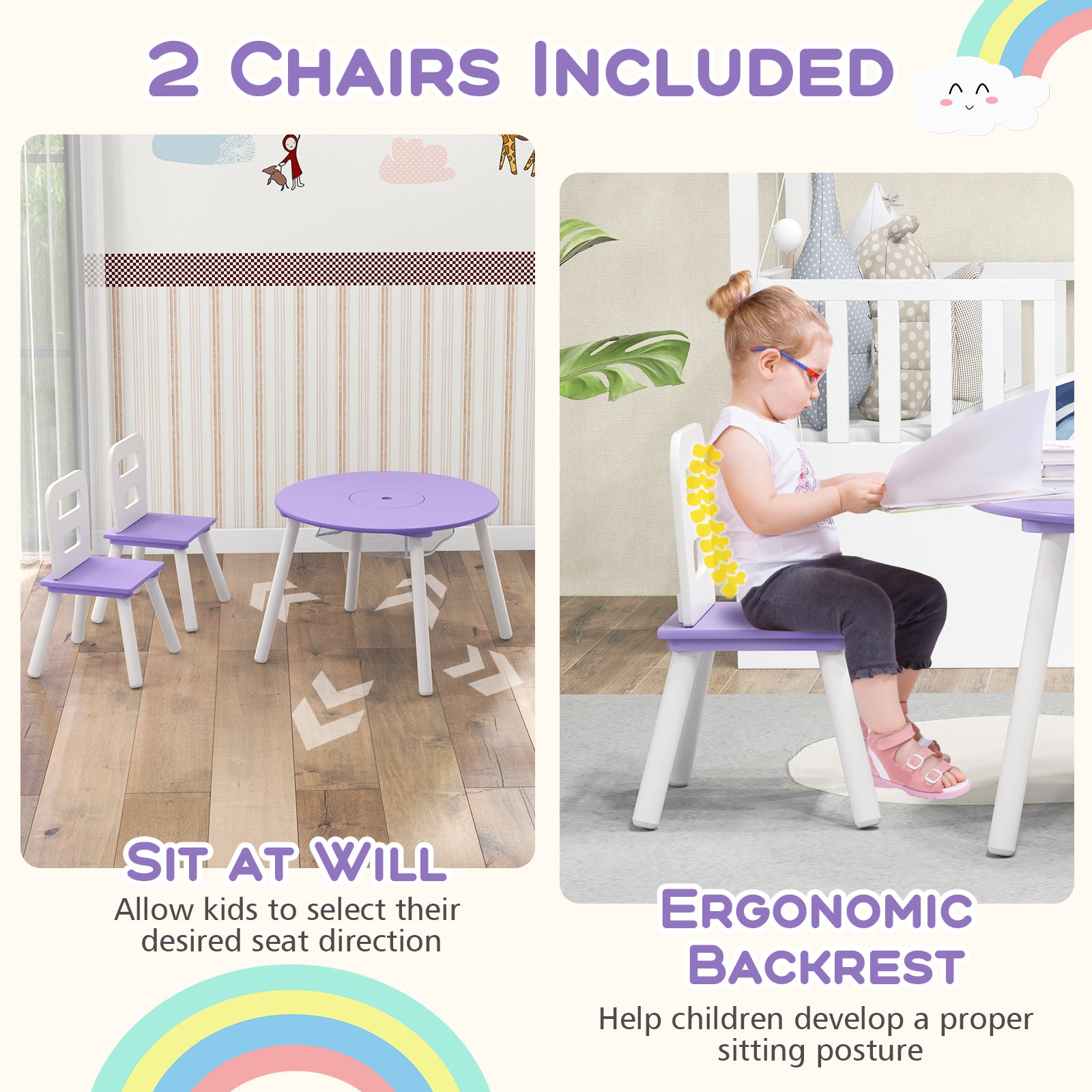 Wood Activity Kids Table and Chair Set with Center Mesh Storage, Purple Kids Table & Chair Sets at Gallery Canada