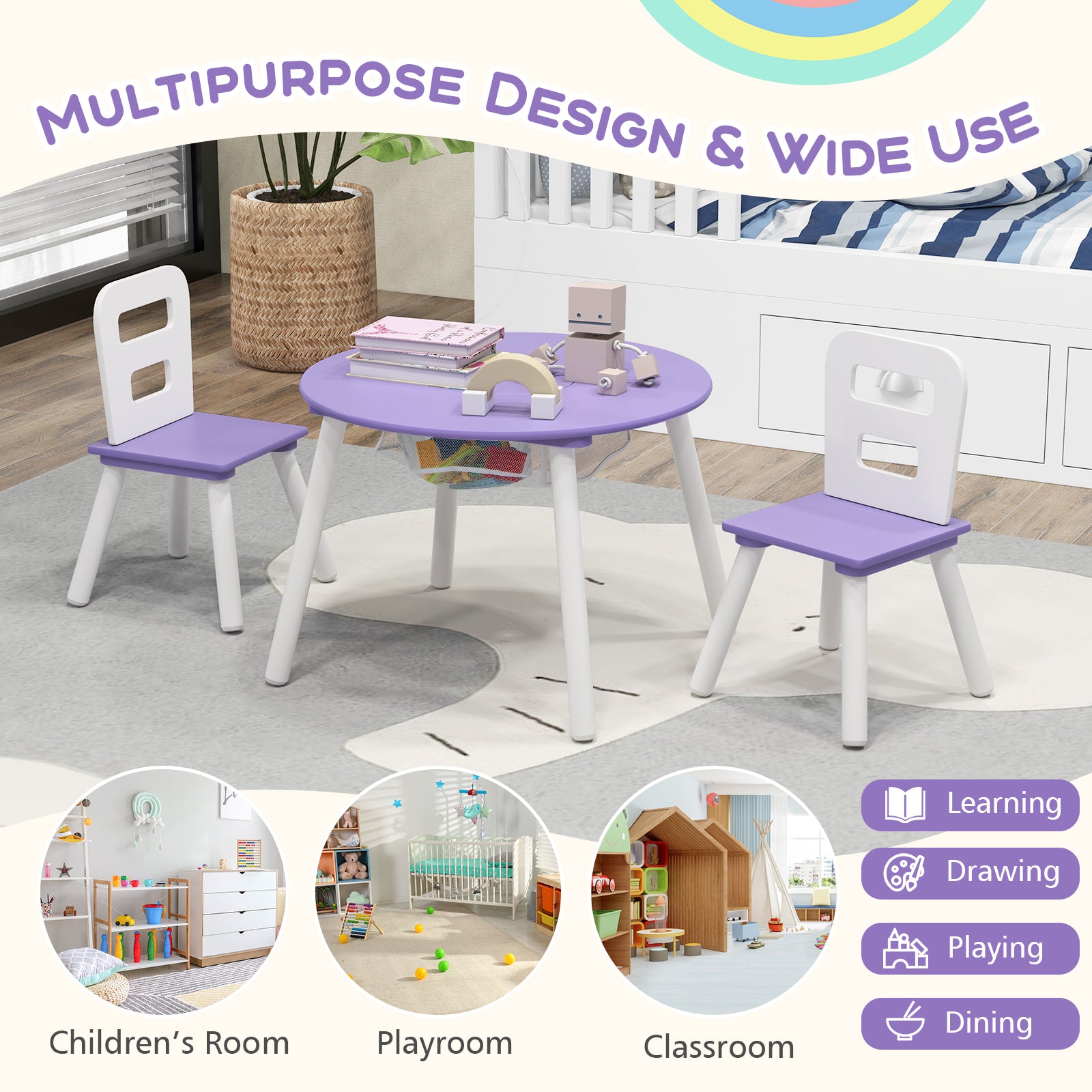 Wood Activity Kids Table and Chair Set with Center Mesh Storage, Purple Kids Table & Chair Sets at Gallery Canada