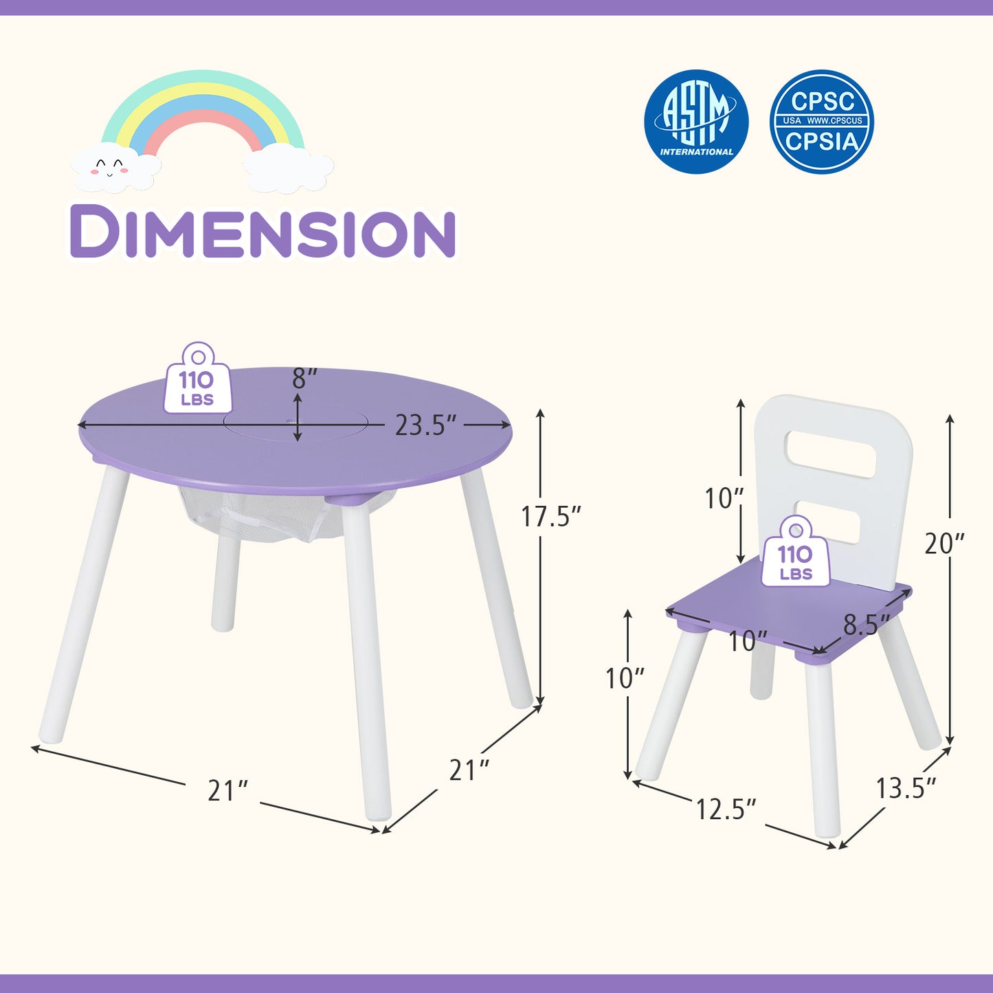 Wood Activity Kids Table and Chair Set with Center Mesh Storage, Purple Kids Table & Chair Sets at Gallery Canada