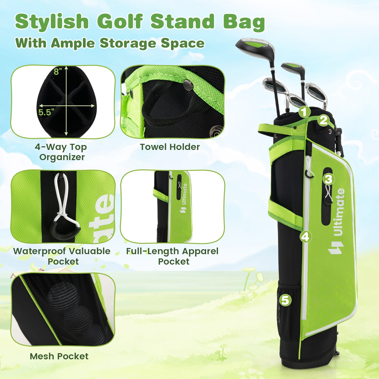 Junior Complete Golf Club Set With Stand Bag Rain Hood, Green Golf at Gallery Canada