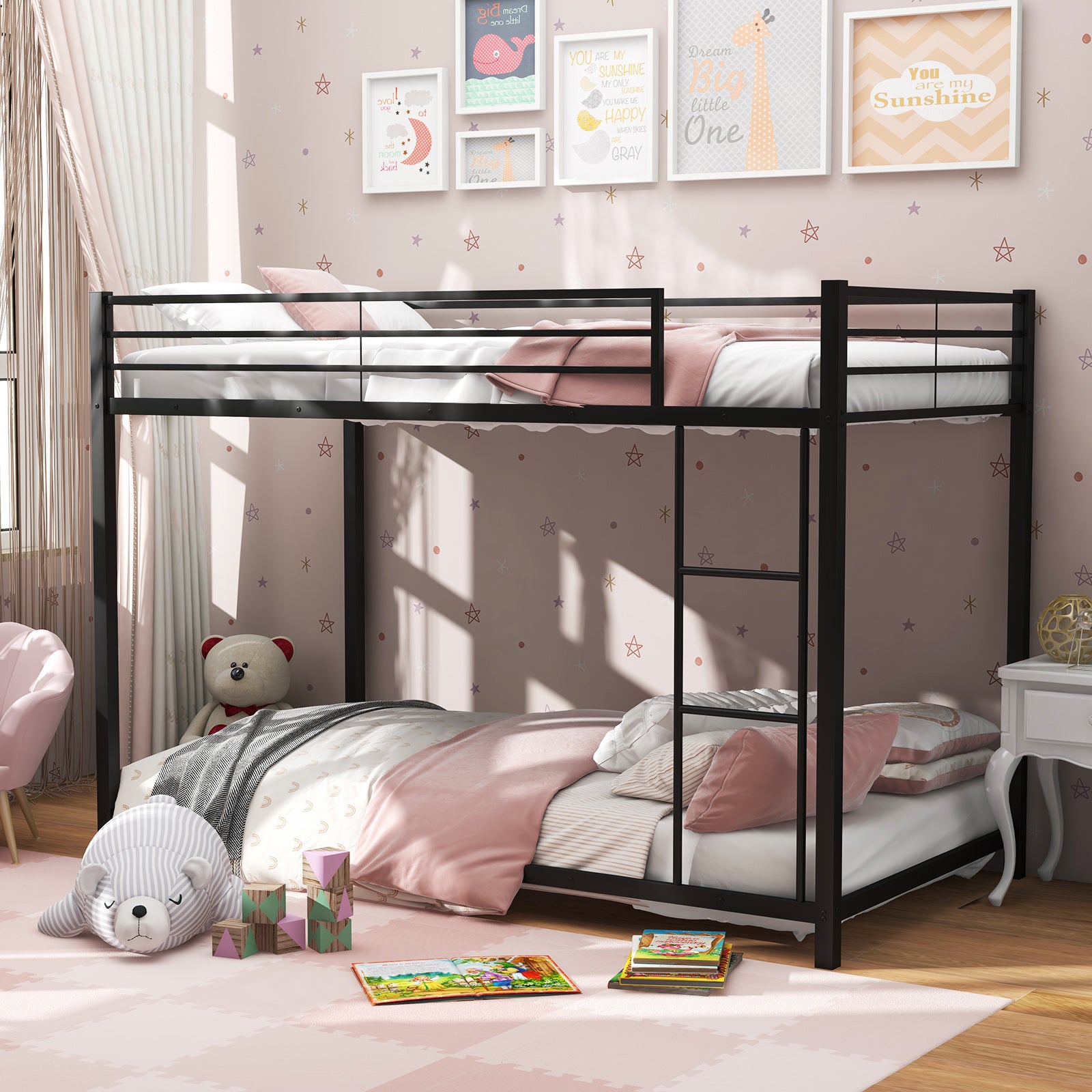 Low Profile Twin Over Twin Metal Bunk Bed with Full-length Guardrails, Black Bunk Bed Frame at Gallery Canada