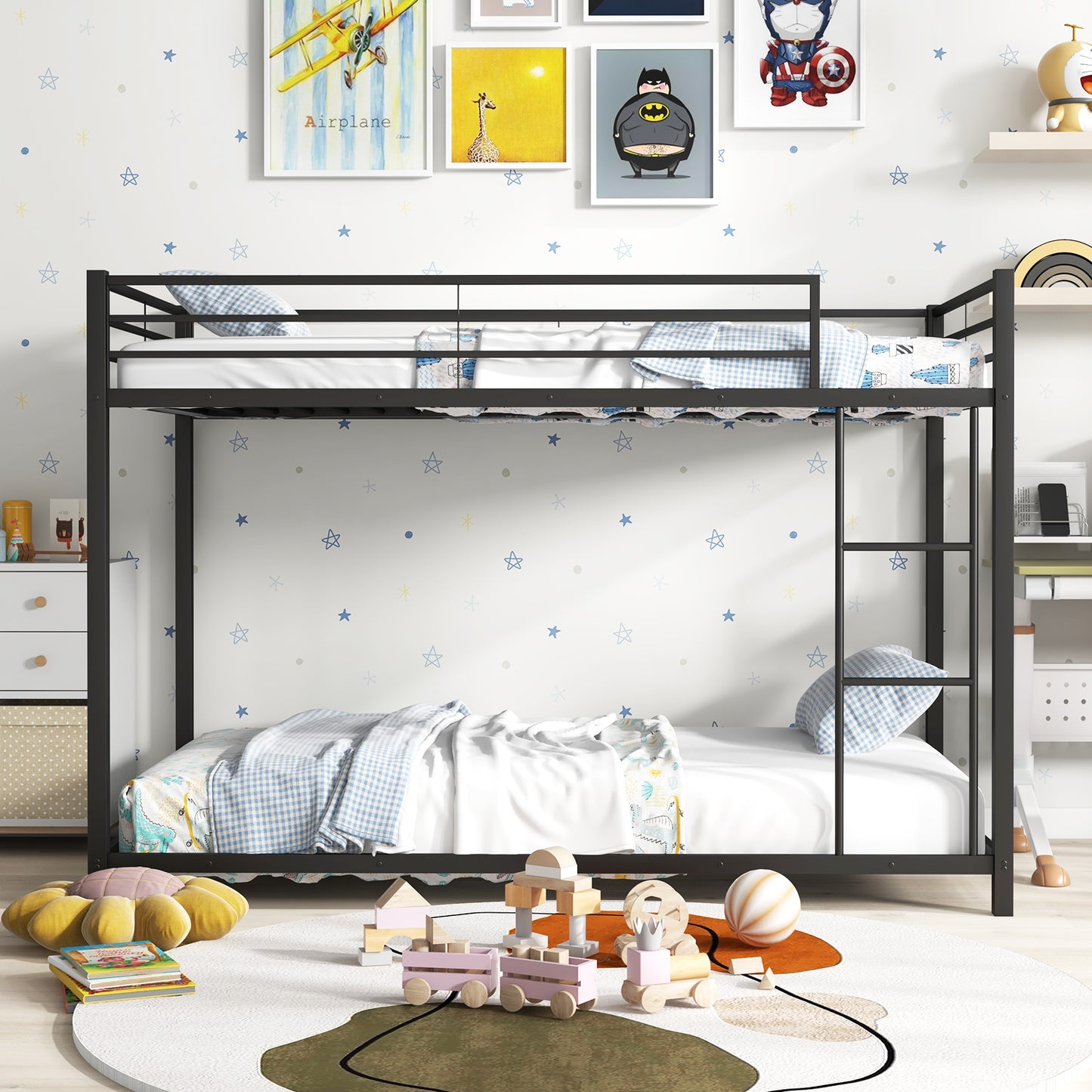 Low Profile Twin Over Twin Metal Bunk Bed with Full-length Guardrails, Black Bunk Bed Frame at Gallery Canada