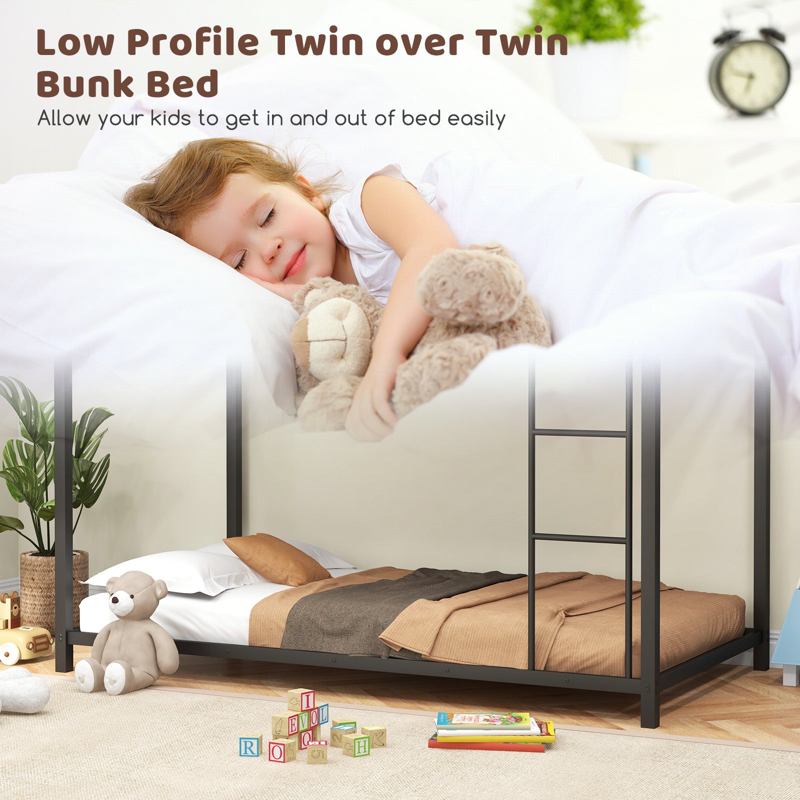 Low Profile Twin Over Twin Metal Bunk Bed with Full-length Guardrails, Black Bunk Bed Frame at Gallery Canada