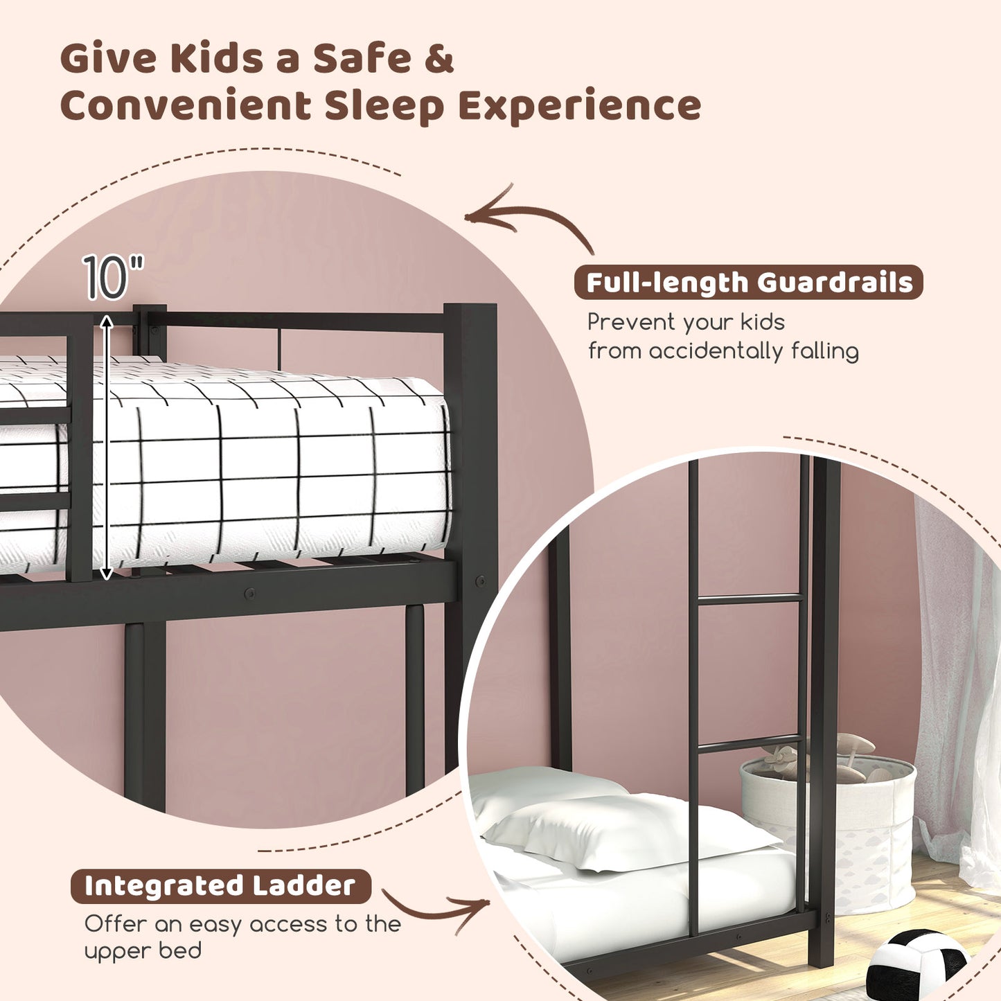 Low Profile Twin Over Twin Metal Bunk Bed with Full-length Guardrails, Black Bunk Bed Frame at Gallery Canada