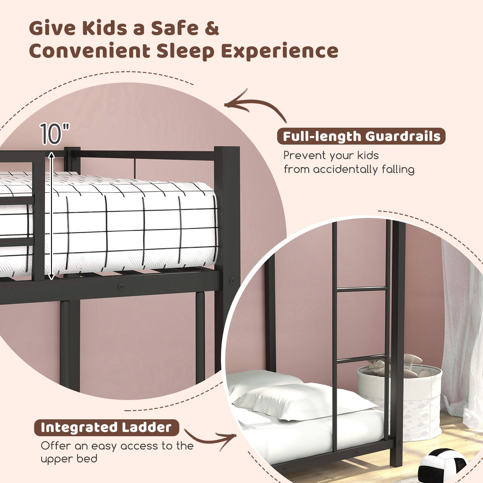 Low Profile Twin Over Twin Metal Bunk Bed with Full-length Guardrails, Black Bunk Bed Frame at Gallery Canada