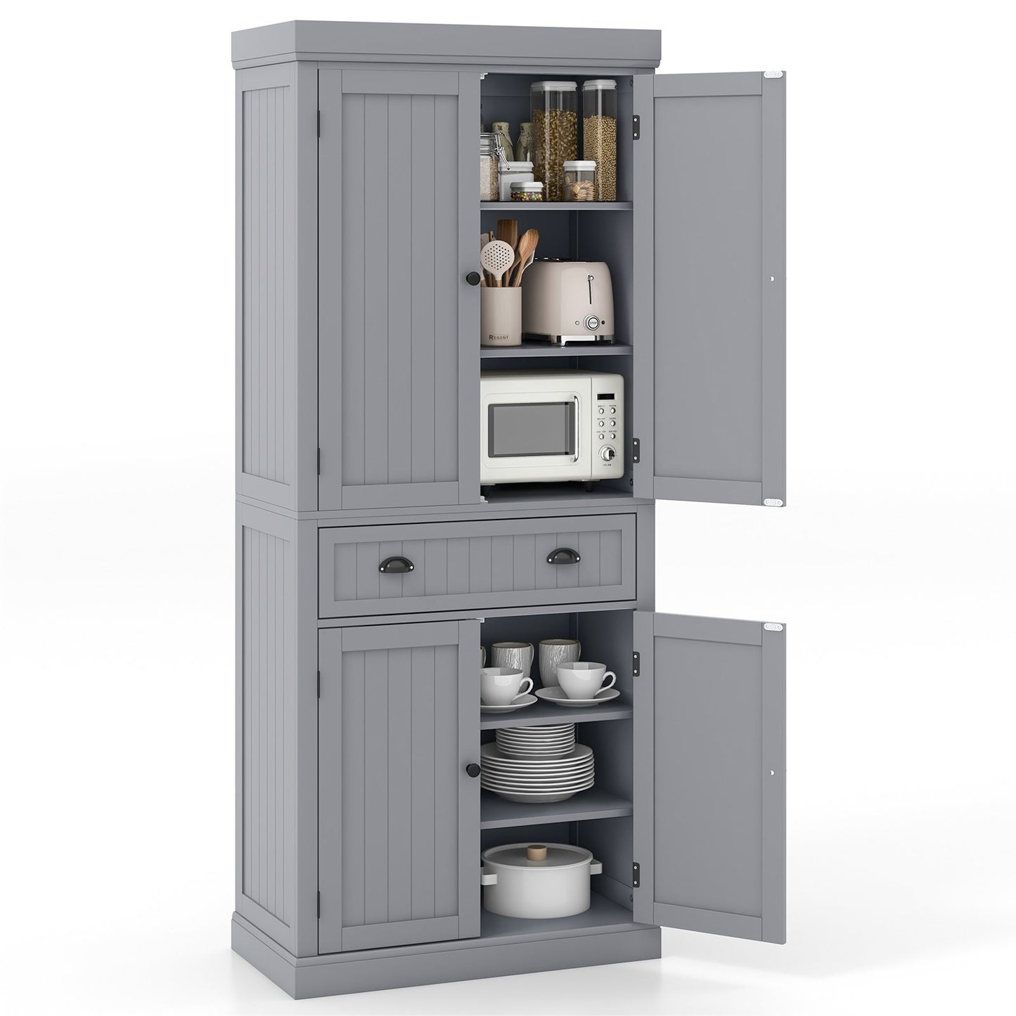 Cupboard Freestanding Kitchen Cabinet w/ Adjustable Shelves, Gray