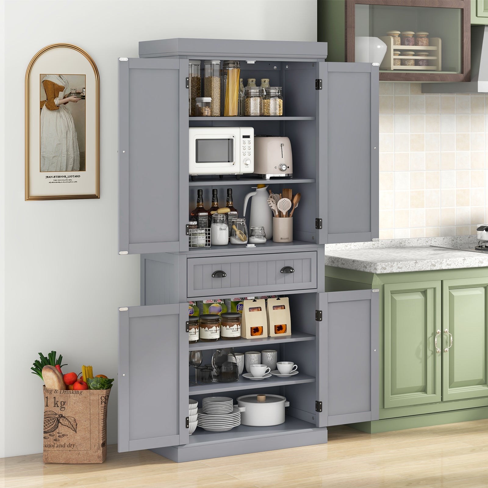 Cupboard Freestanding Kitchen Cabinet w/ Adjustable Shelves, Gray Armoires & Wardrobes at Gallery Canada