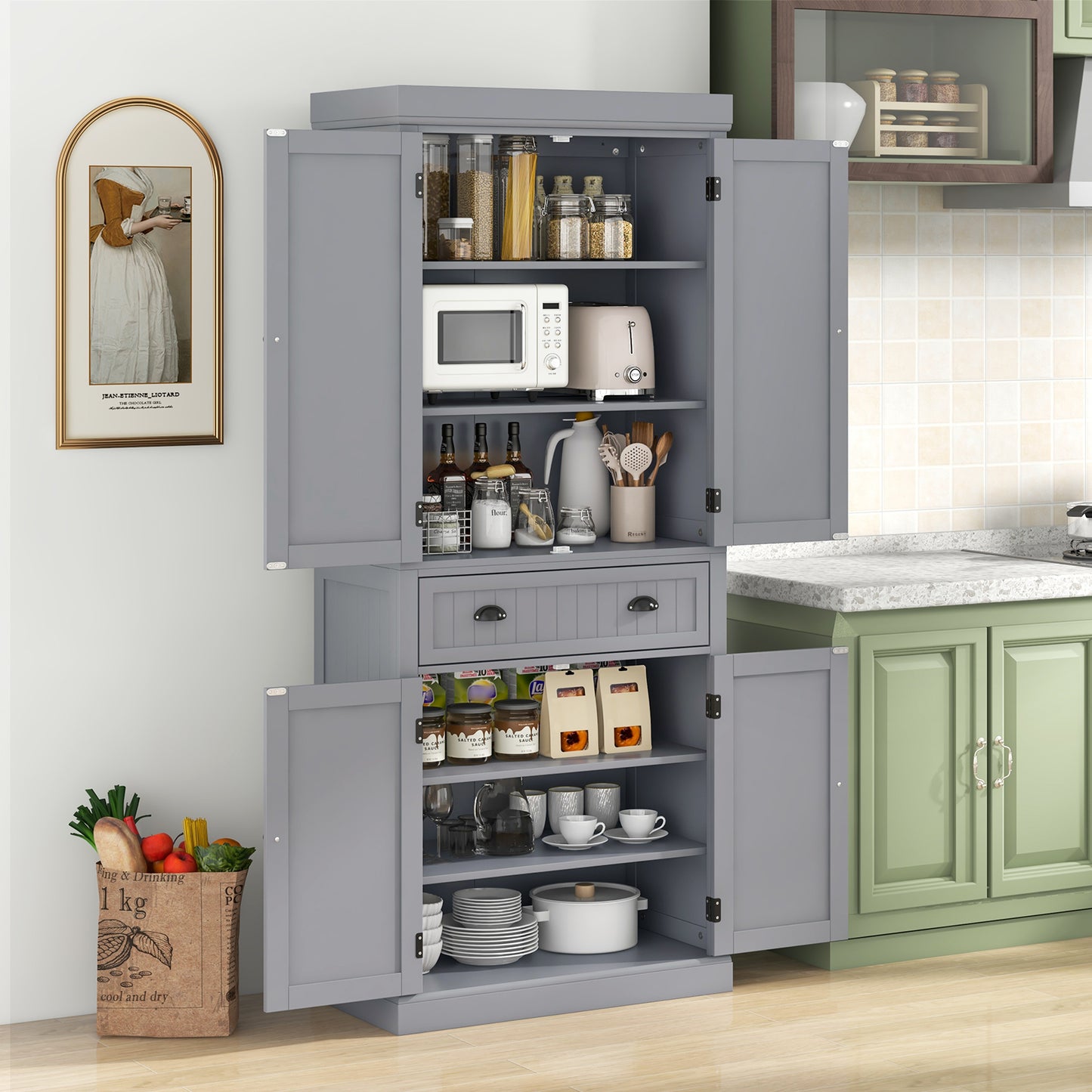 Cupboard Freestanding Kitchen Cabinet w/ Adjustable Shelves, Gray Armoires & Wardrobes at Gallery Canada