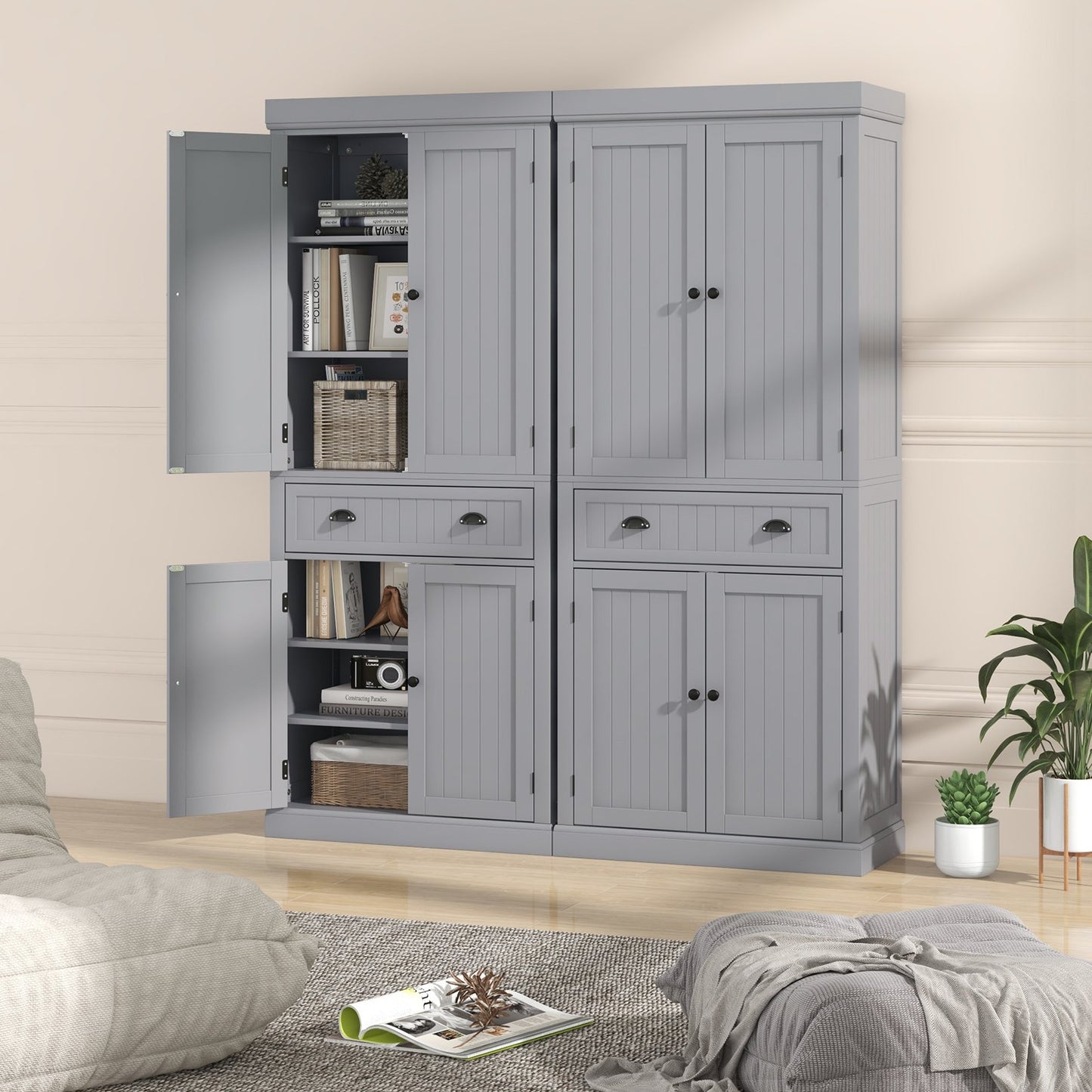 Cupboard Freestanding Kitchen Cabinet w/ Adjustable Shelves, Gray