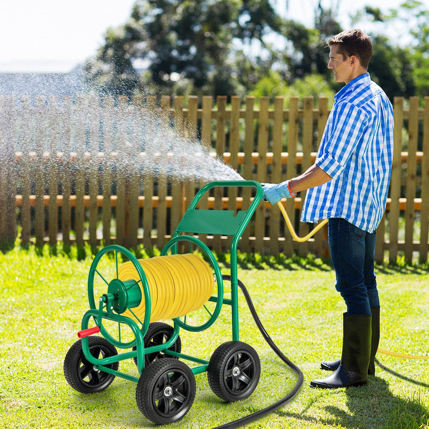 Garden Water Hose Reel Cart with 4 Wheels and Non-slip Grip, Green - Gallery Canada
