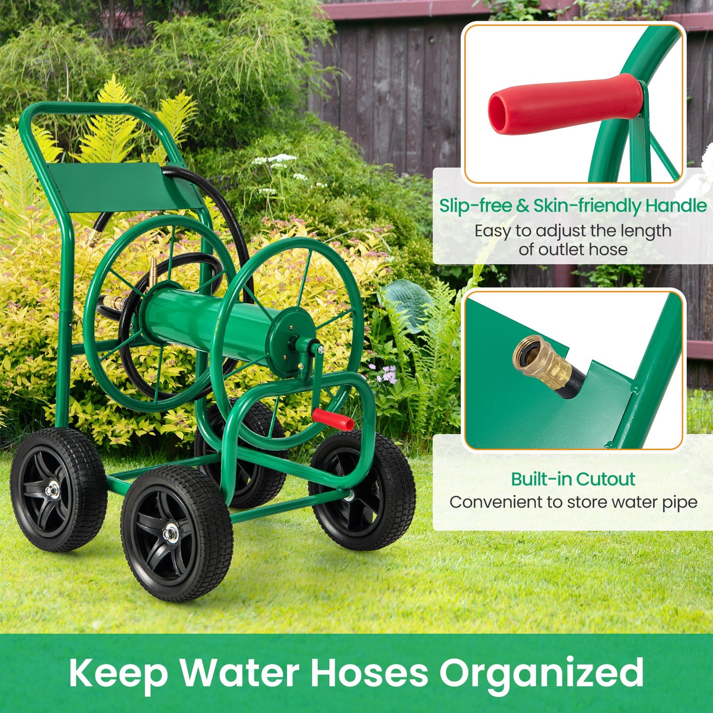 Garden Water Hose Reel Cart with 4 Wheels and Non-slip Grip, Green - Gallery Canada