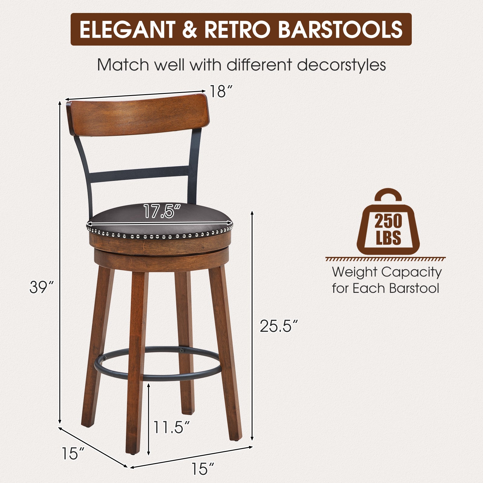 Set of 2 25.5 Inch Swivel Counter Height Bar Stool, Brown Bar Stools at Gallery Canada