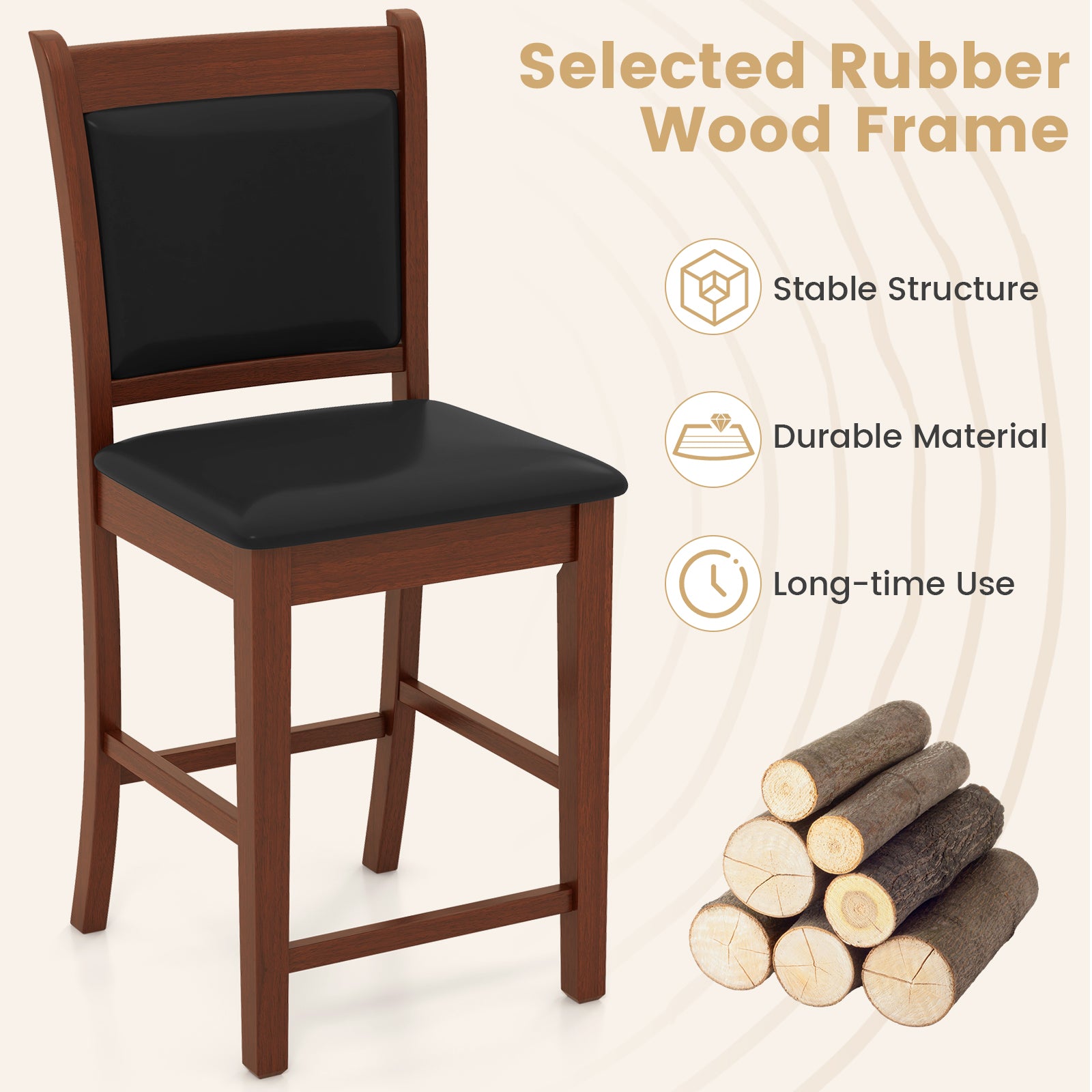 Upholstered Counter Stool Set of 2 with Solid Rubber Wood Frame, Brown Bar Stools at Gallery Canada