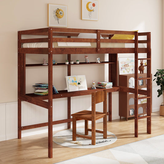 Twin Size Solid Wood Slatted Loft Bed Frame with Safety Guardrail for Kid, Brown - Gallery Canada