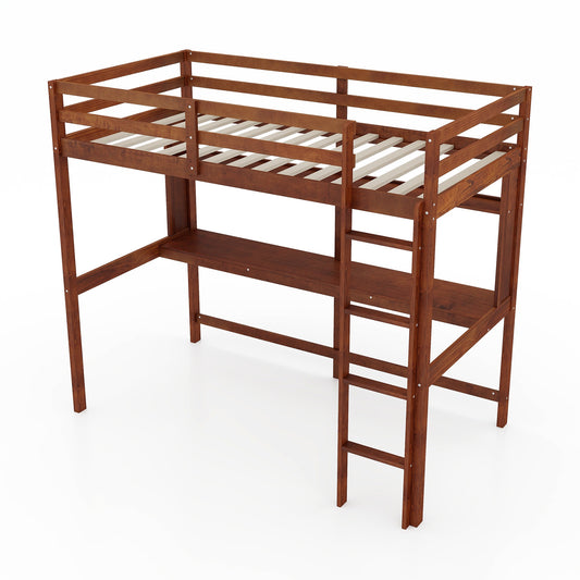 Twin Size Solid Wood Loft Bed Frame, Brown