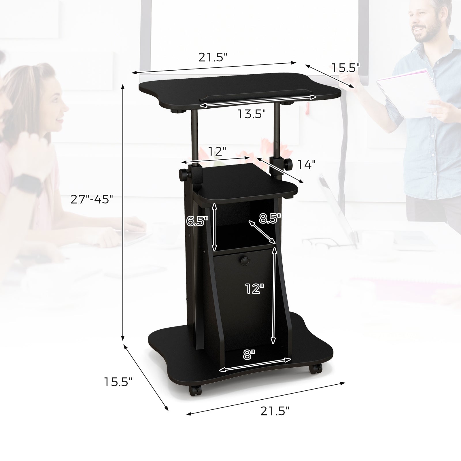 Adjustable Mobile Standing Desk Cart with Tilt Desktop and Cabinet, Black Laptop Tables & Printer Stands at Gallery Canada