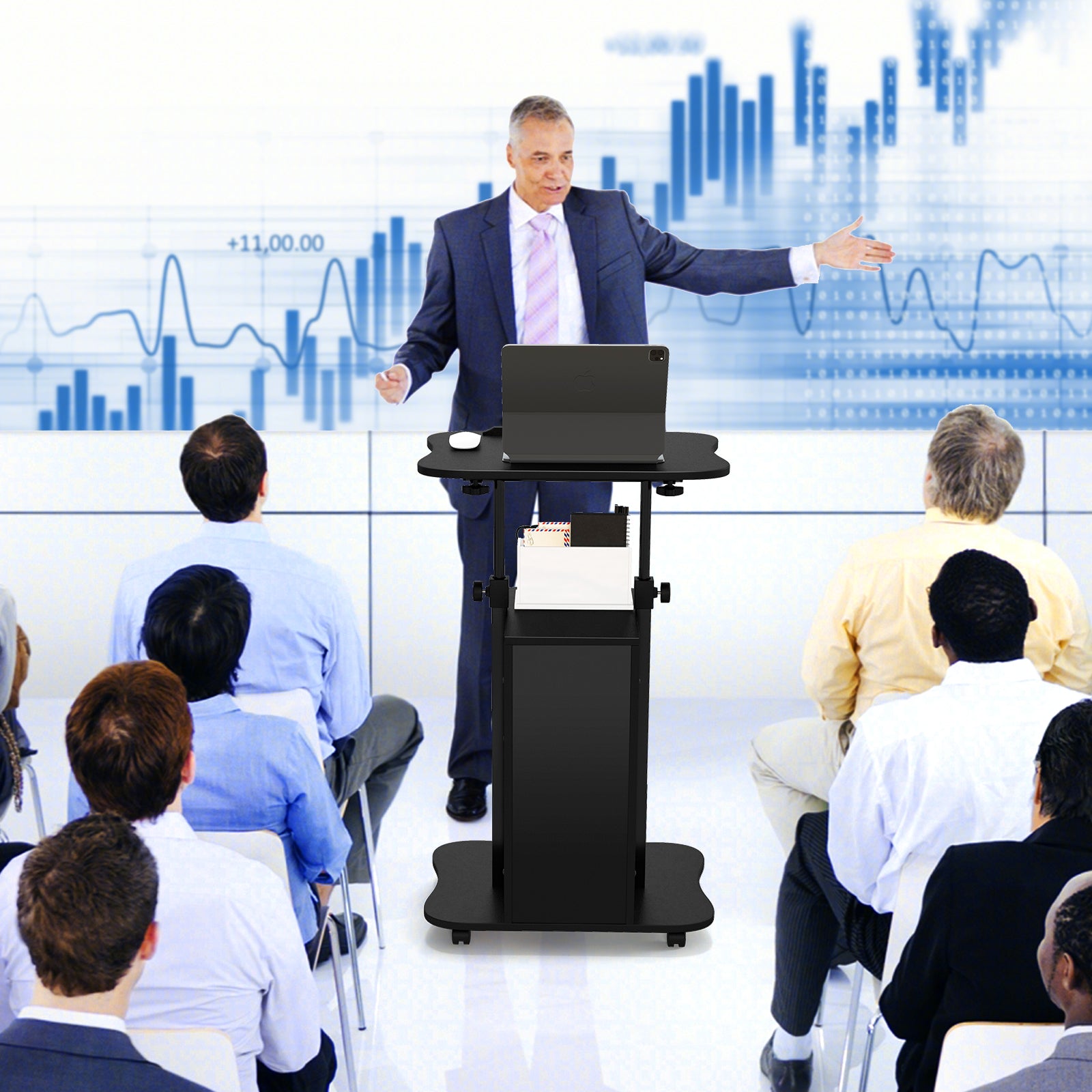 Adjustable Mobile Standing Desk Cart with Tilt Desktop and Cabinet, Black Laptop Tables & Printer Stands at Gallery Canada