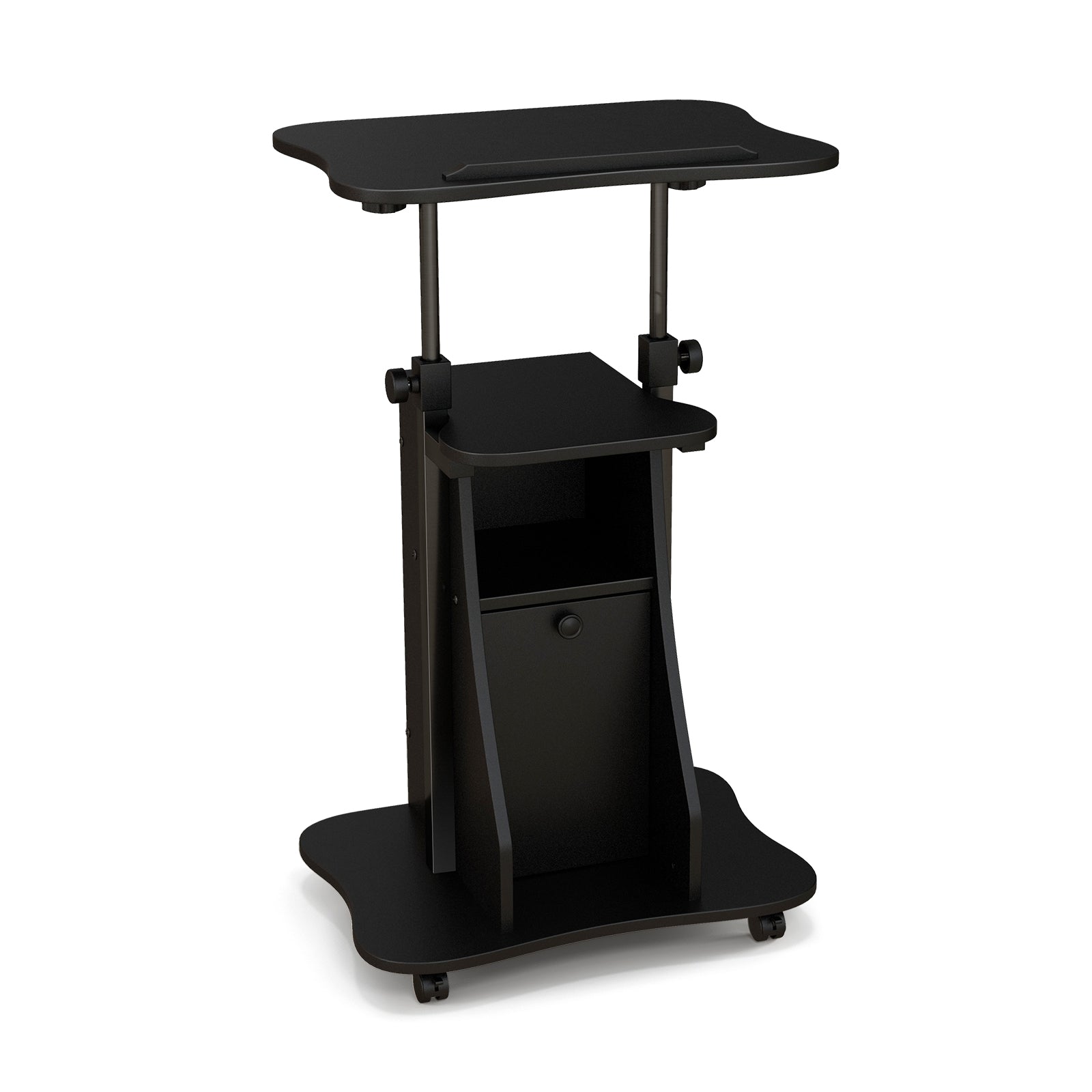 Adjustable Mobile Standing Desk Cart with Tilt Desktop and Cabinet, Black Laptop Tables & Printer Stands Black at Gallery Canada