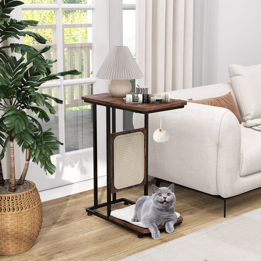 C- Shaped Cat Side Table Cat Tree with Scratching Board, Rustic Brown - Gallery Canada