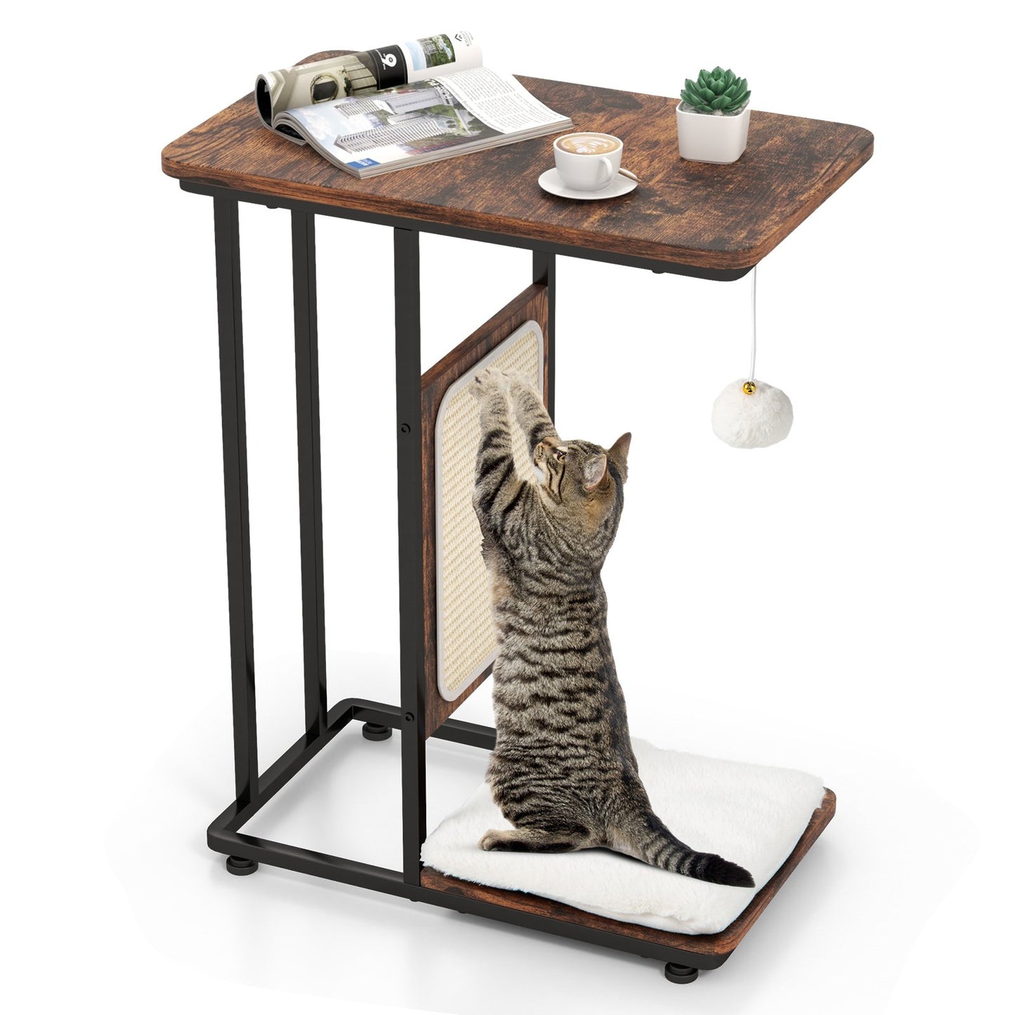C- Shaped Cat Side Table Cat Tree with Scratching Board, Rustic Brown