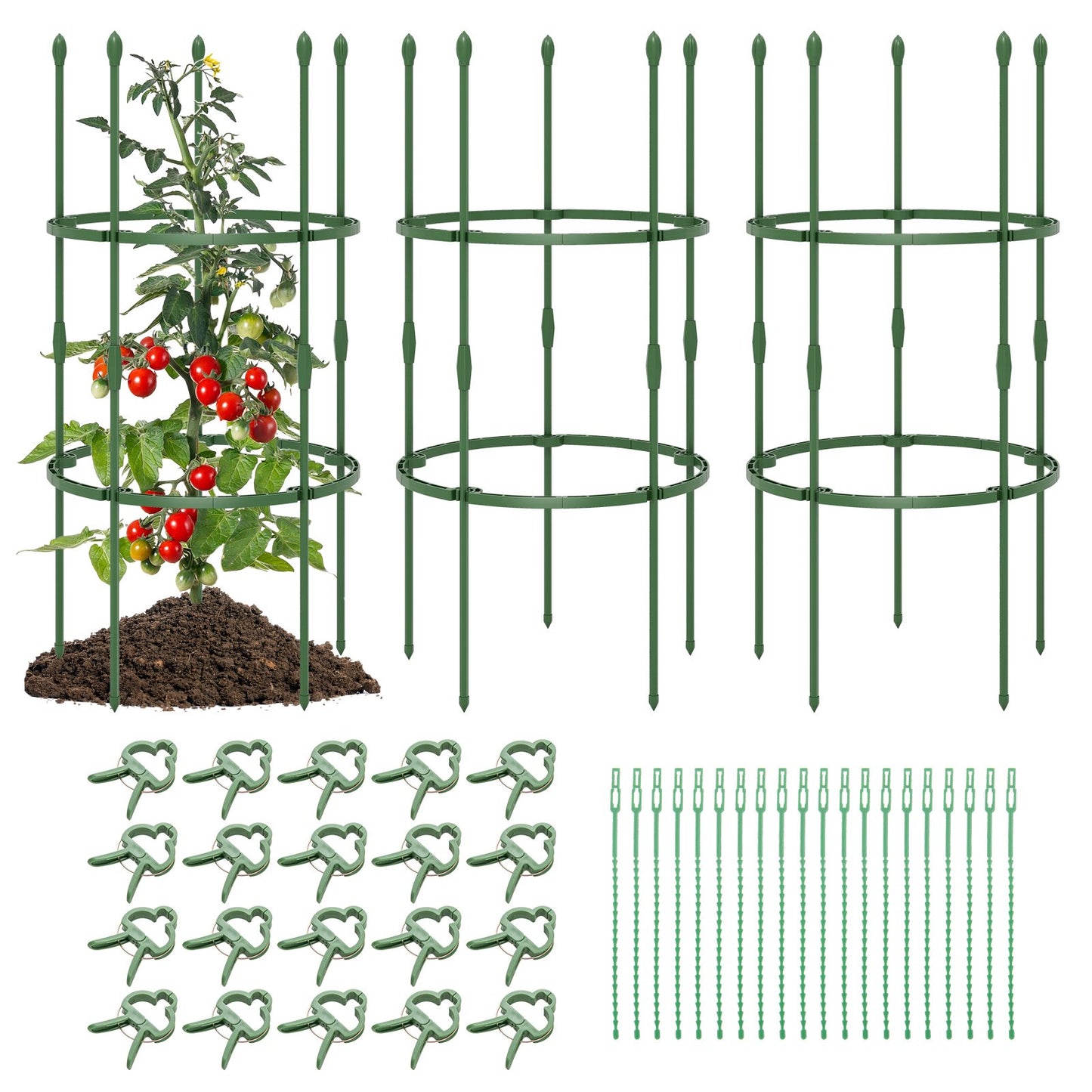 3-Pack Garden Trellis 40"/60" Tall Plant Support Stands with Clips and Ties-S, Green