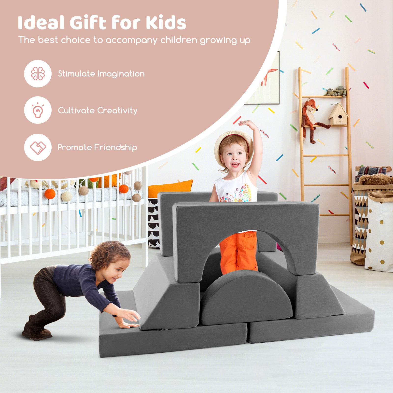 8 Pieces Kids Modular Play Sofa with Detachable Cover for Playroom and Bedroom, Gray Kids Chairs & Seating at Gallery Canada