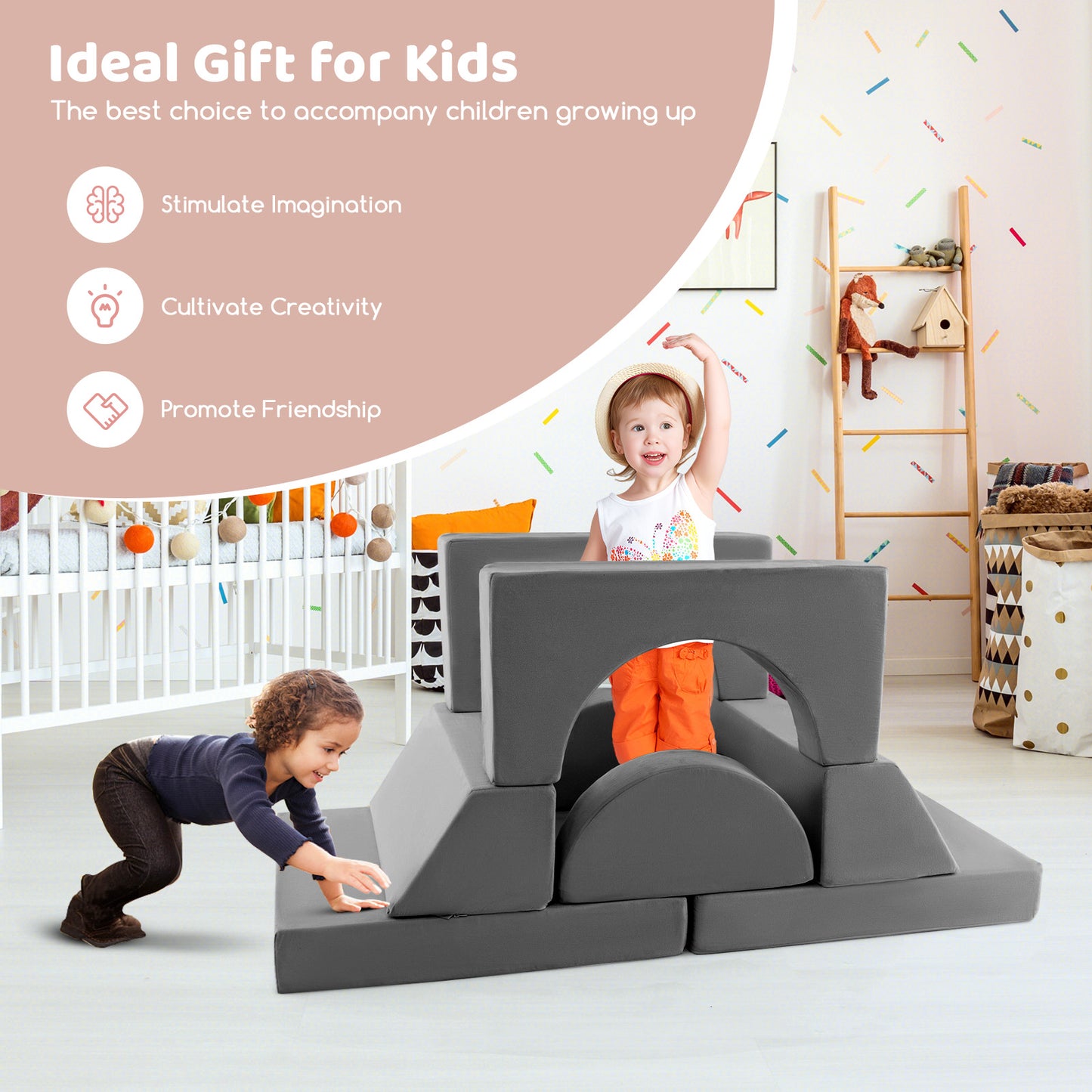 8 Pieces Kids Modular Play Sofa with Detachable Cover for Playroom and Bedroom, Gray Kids Chairs & Seating at Gallery Canada