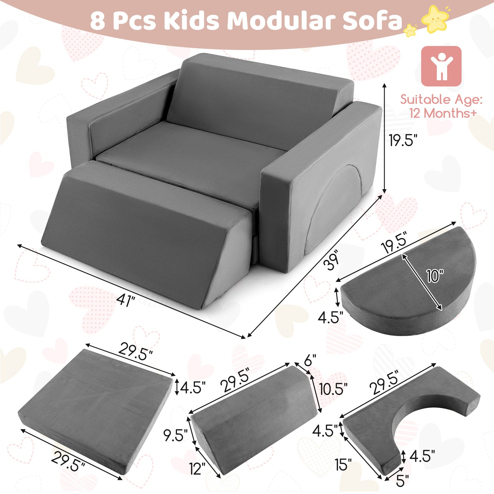 8 Pieces Kids Modular Play Sofa with Detachable Cover for Playroom and Bedroom, Gray Kids Chairs & Seating at Gallery Canada