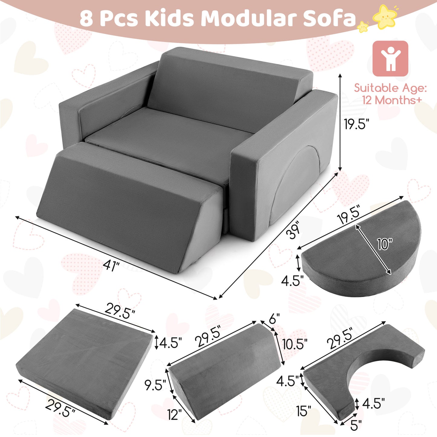 8 Pieces Kids Modular Play Sofa with Detachable Cover for Playroom and Bedroom, Gray Kids Chairs & Seating at Gallery Canada