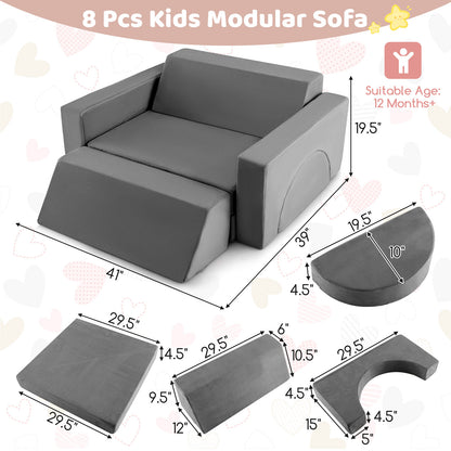 8 Pieces Kids Modular Play Sofa with Detachable Cover for Playroom and Bedroom, Gray Kids Chairs & Seating at Gallery Canada