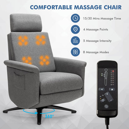 Swivel Massage Recliner Single Sofa with Adjustable Headrest, Gray - Gallery Canada