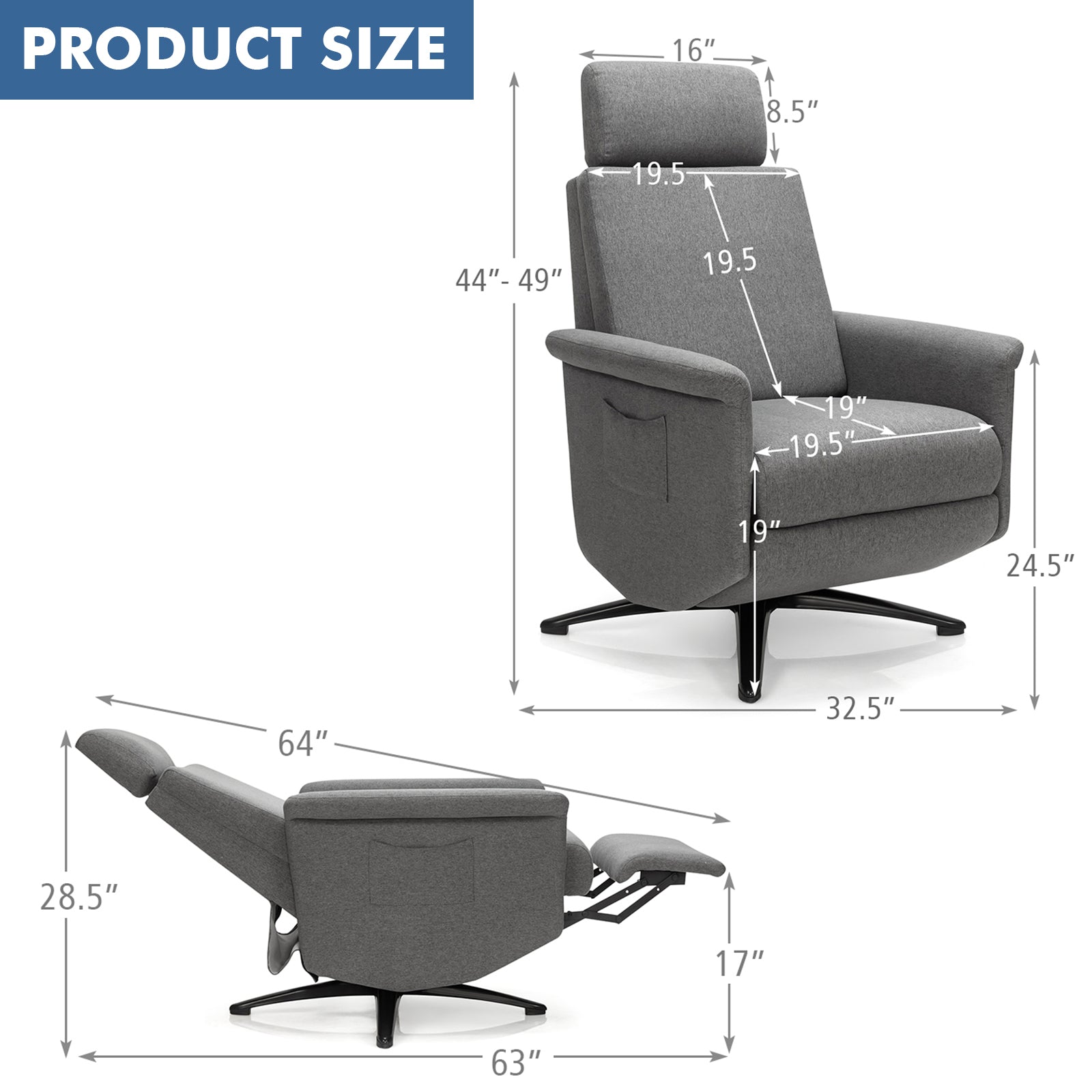 Swivel Massage Recliner Single Sofa with Adjustable Headrest, Gray Recliners at Gallery Canada
