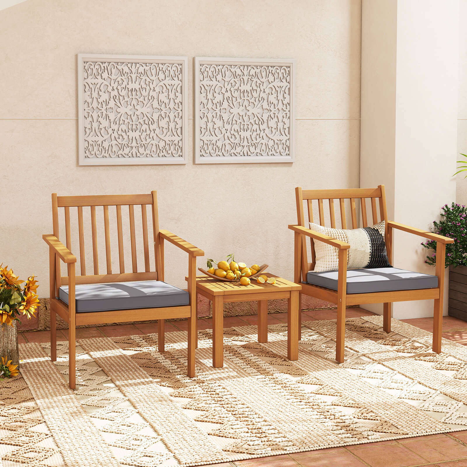 3 Pieces Patio Wood Furniture Set with soft Cushions for Porch, Gray Patio Conversation Sets at Gallery Canada