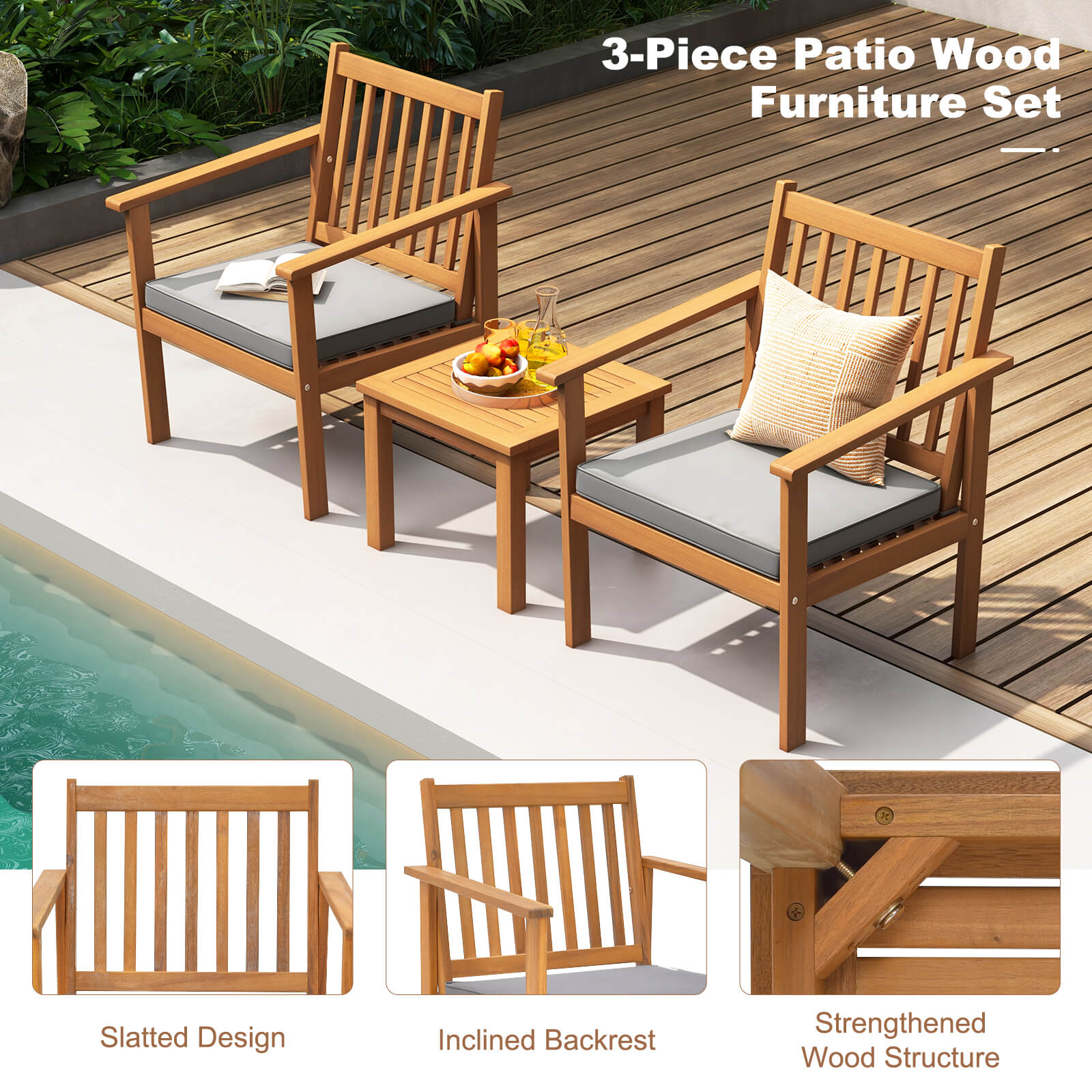 3 Pieces Patio Wood Furniture Set with soft Cushions for Porch, Gray Patio Conversation Sets at Gallery Canada