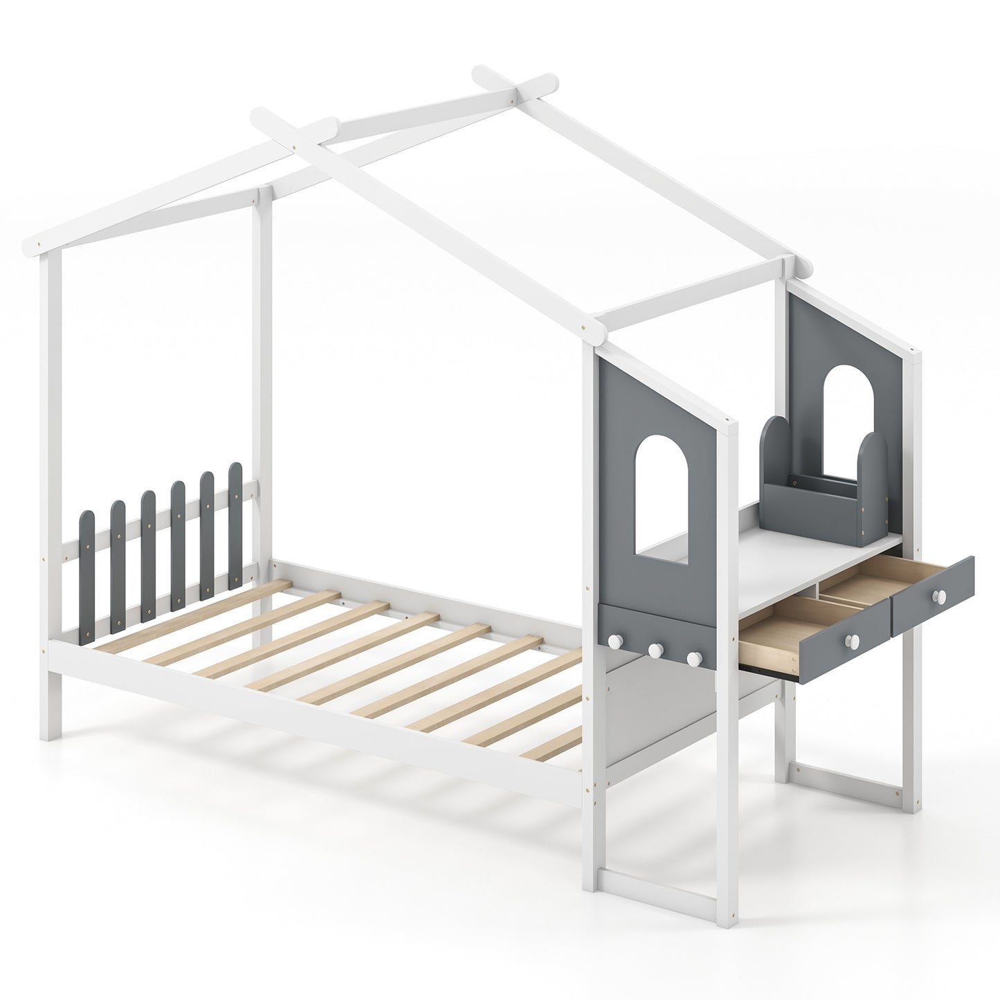 Twin/Full Bed Frame with House Roof Canopy and Fence for Kids-Full Size, White Toddler Beds at Gallery Canada