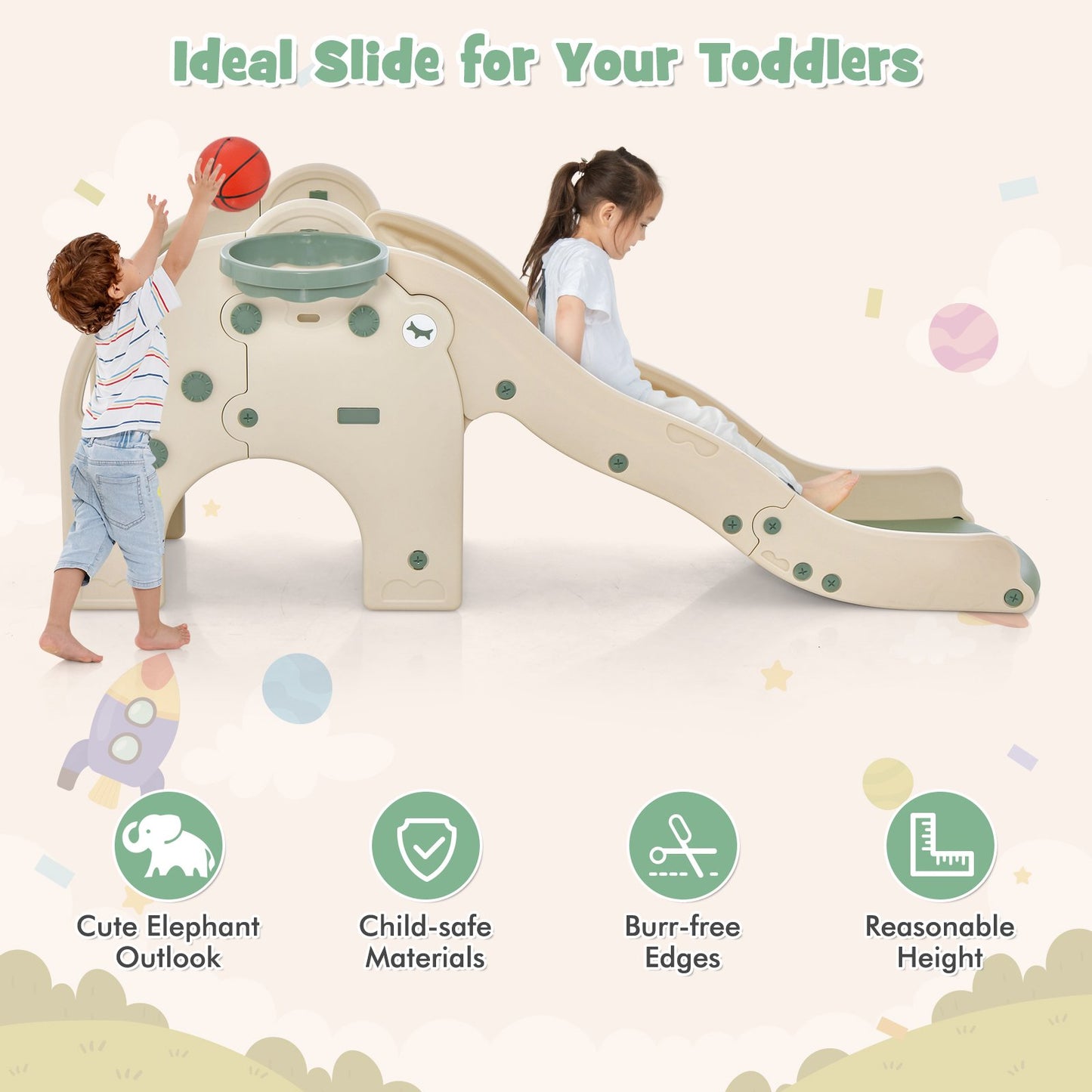 4-in-1 Toddler Slide Kids Play Slide with Cute Elephant Shape, Green