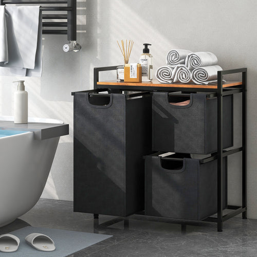 Laundry Basket Organizer Dirty Clothes Hamper with Shelf and 3 Removable Bags, Rustic Brown