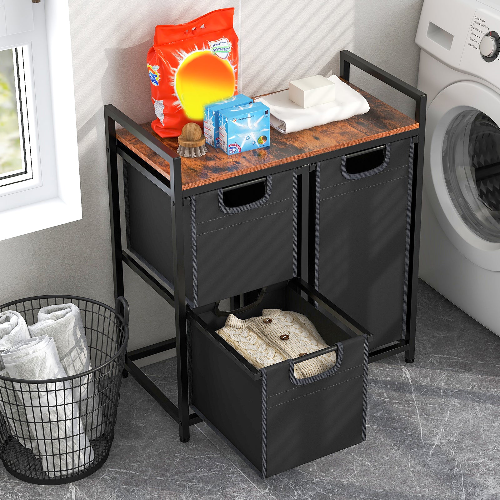 Laundry Basket Organizer Dirty Clothes Hamper with Shelf and 3 Removable Bags, Rustic Brown Laundry Baskets at Gallery Canada