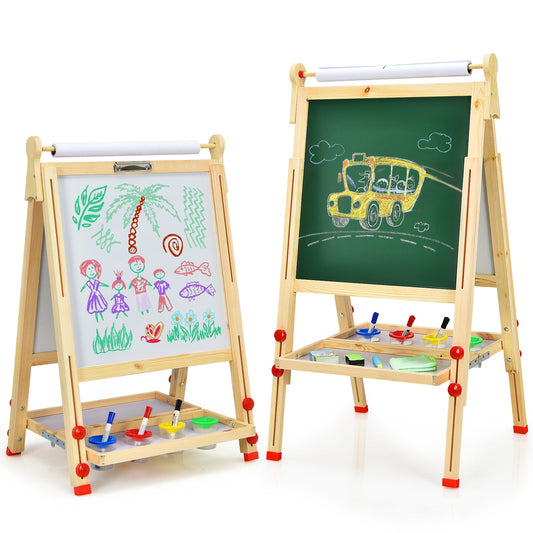 Kids Art Easel with Paper Roll Double-Sided Regulable Drawing Easel Plank, Natural - Gallery Canada