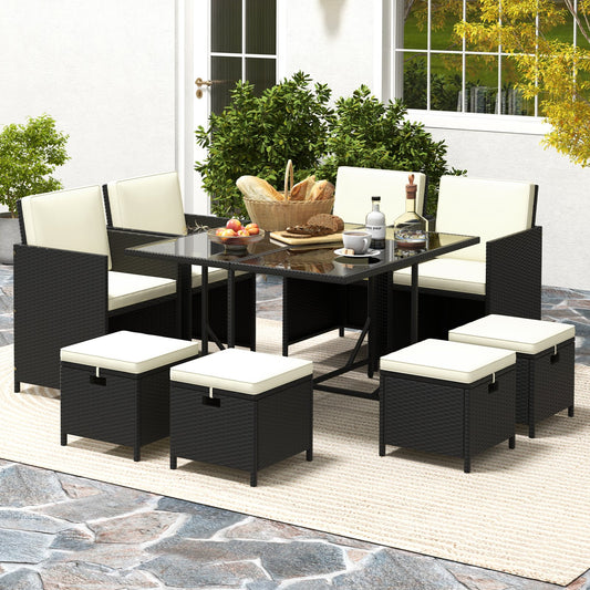 9 PCS Outdoor Dining Furniture Set with Tempered Glass Table and Ottomans, White - Gallery Canada