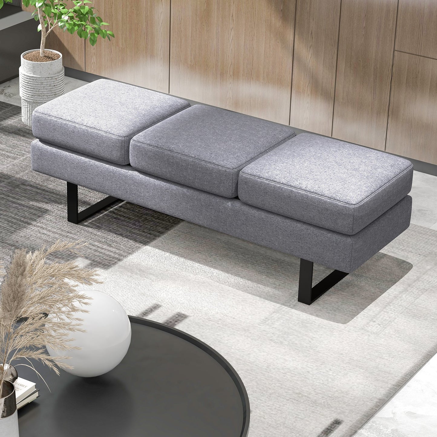 Waiting Room Bench Seating Long Bench with Metal Frame Leg, Gray