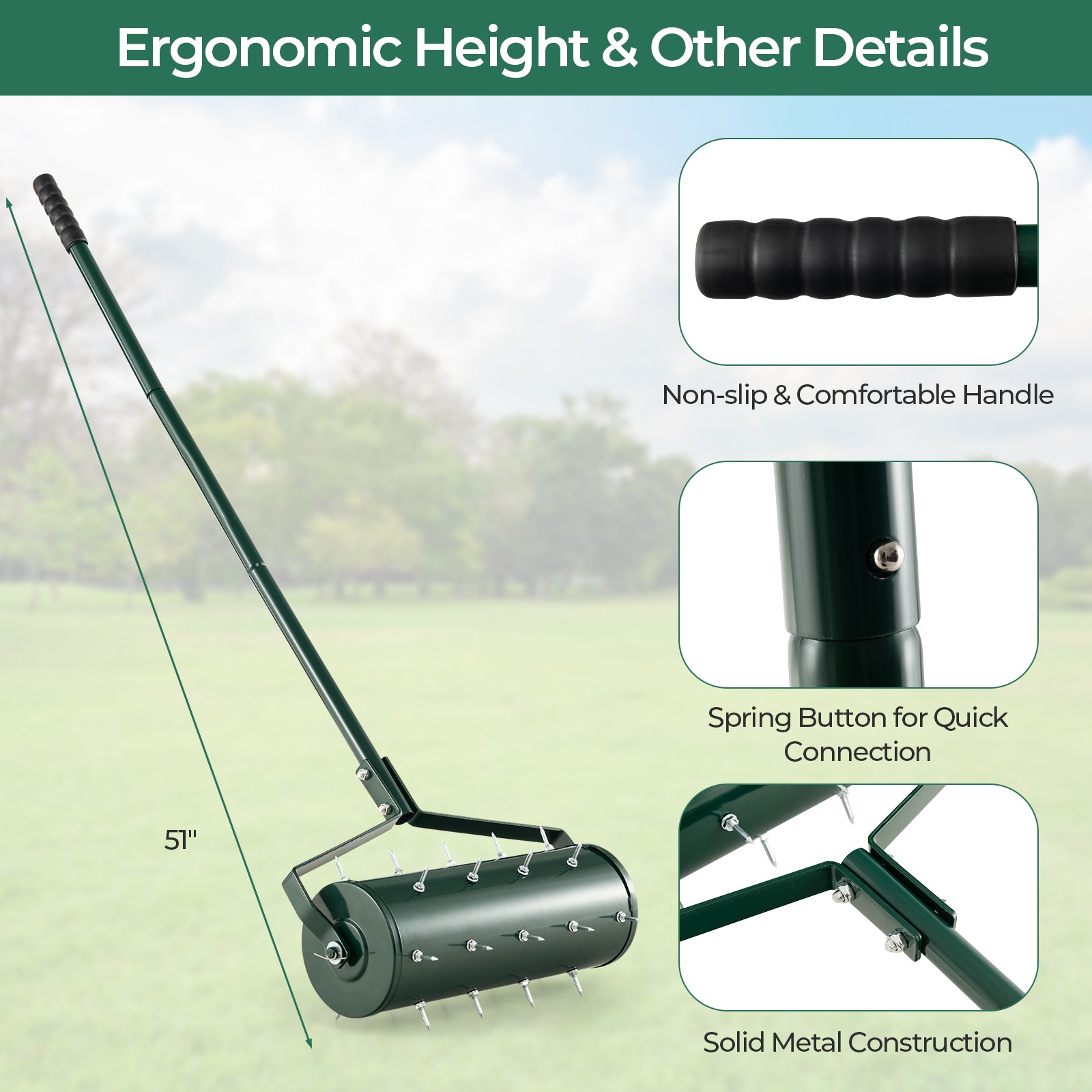 18/21 Inch Manual Lawn Aerator with Detachable Handle Filled with Sand or Stone-18 inches, Green Lawn Care Tools at Gallery Canada